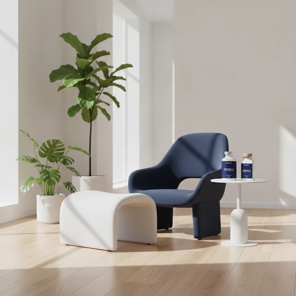 A calm tidy workspace with a notebook, plant and glass of water on a light desk